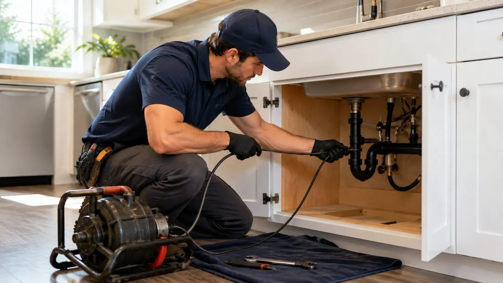 Professional plumber clearing a clogged kitchen drain in a Westchester home using drain cleaning equ