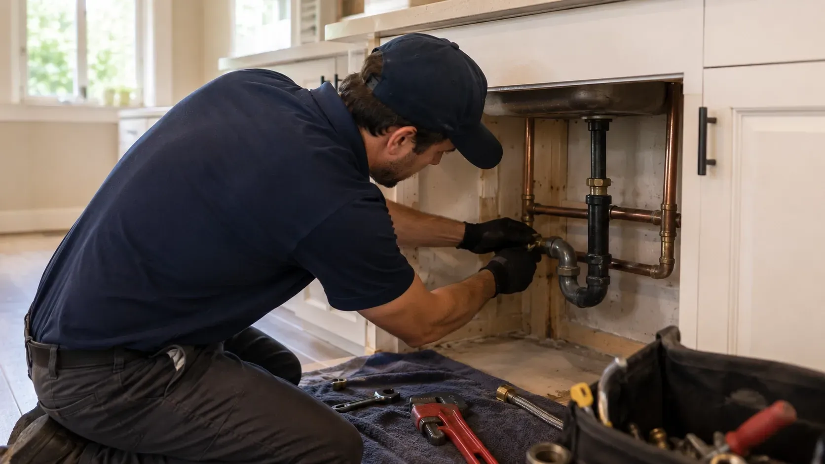 Plumber inspecting pipes in an older Westchester, CA home for common plumbing problems and potential