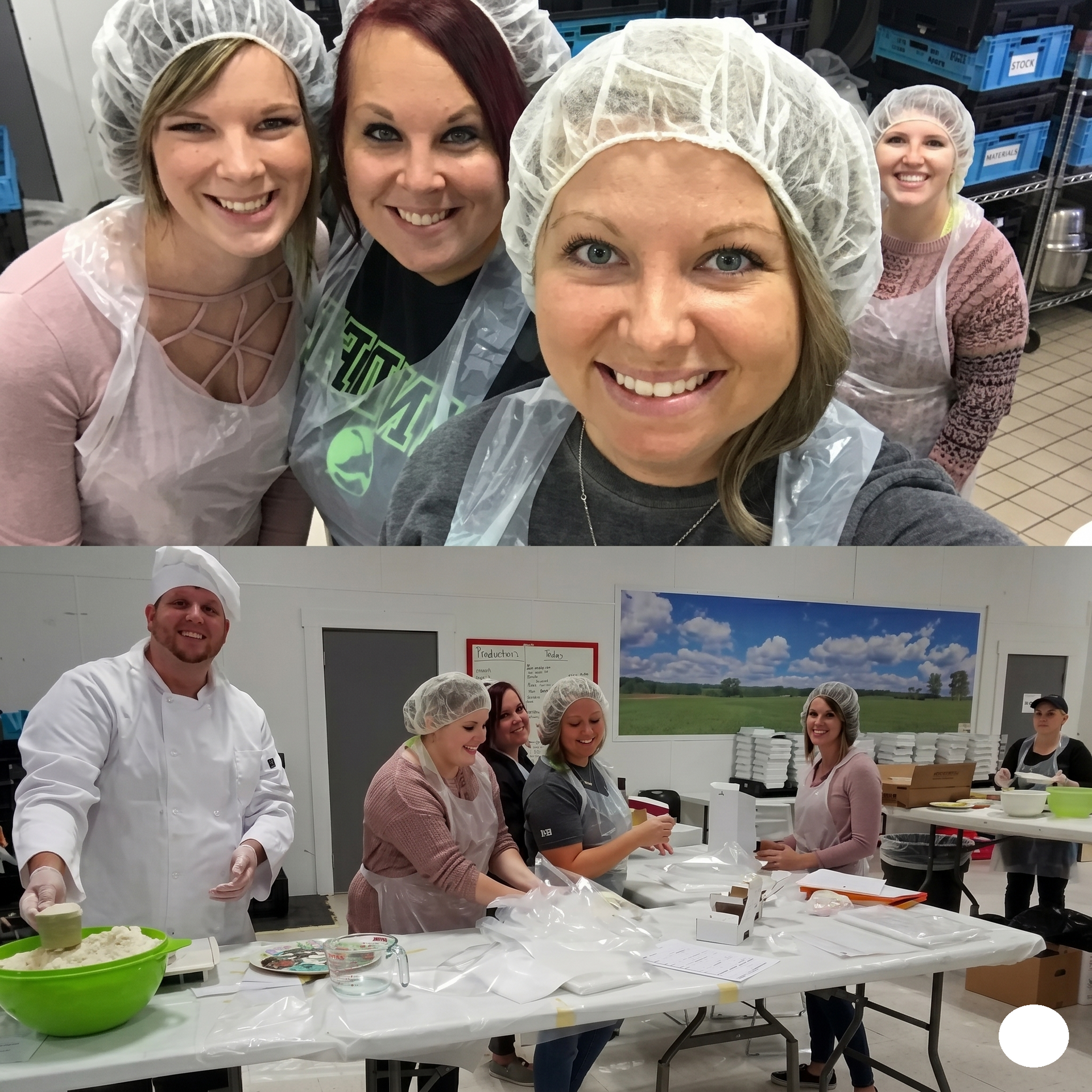 Group of volunteers in hair nets preparing food and smiling in a kitchen classroom at a table.