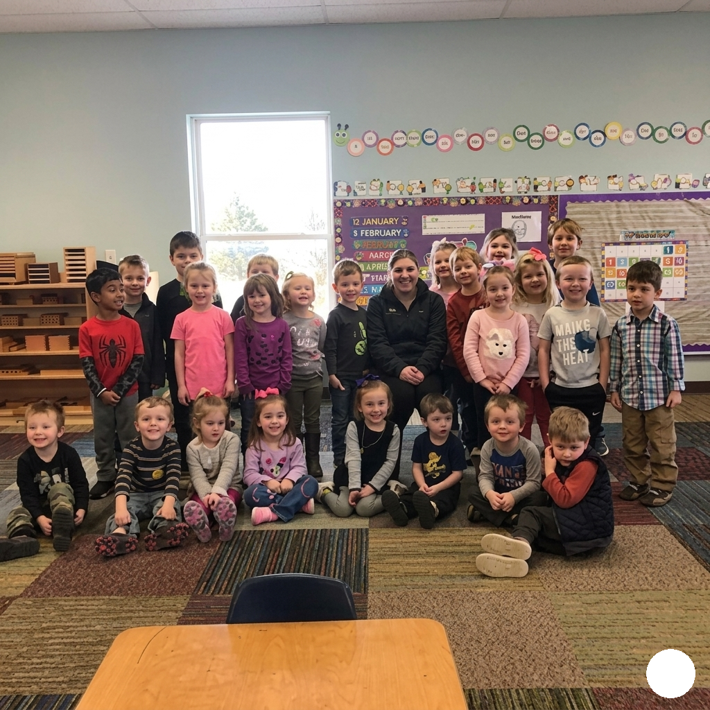 Group of children and a teacher posing in a classroom with colorful bulletin boards and a window.