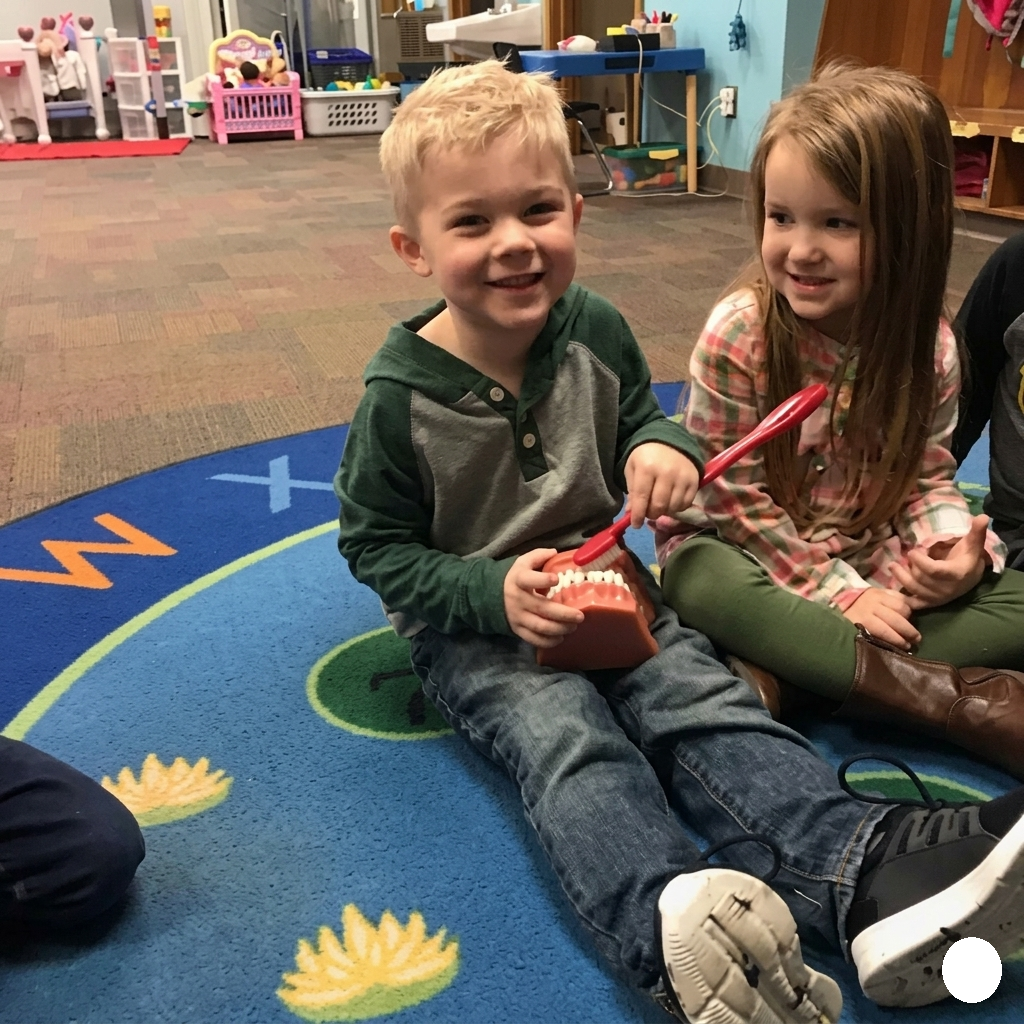 Two children sitting on a classroom rug, smiling and playing with a red toy