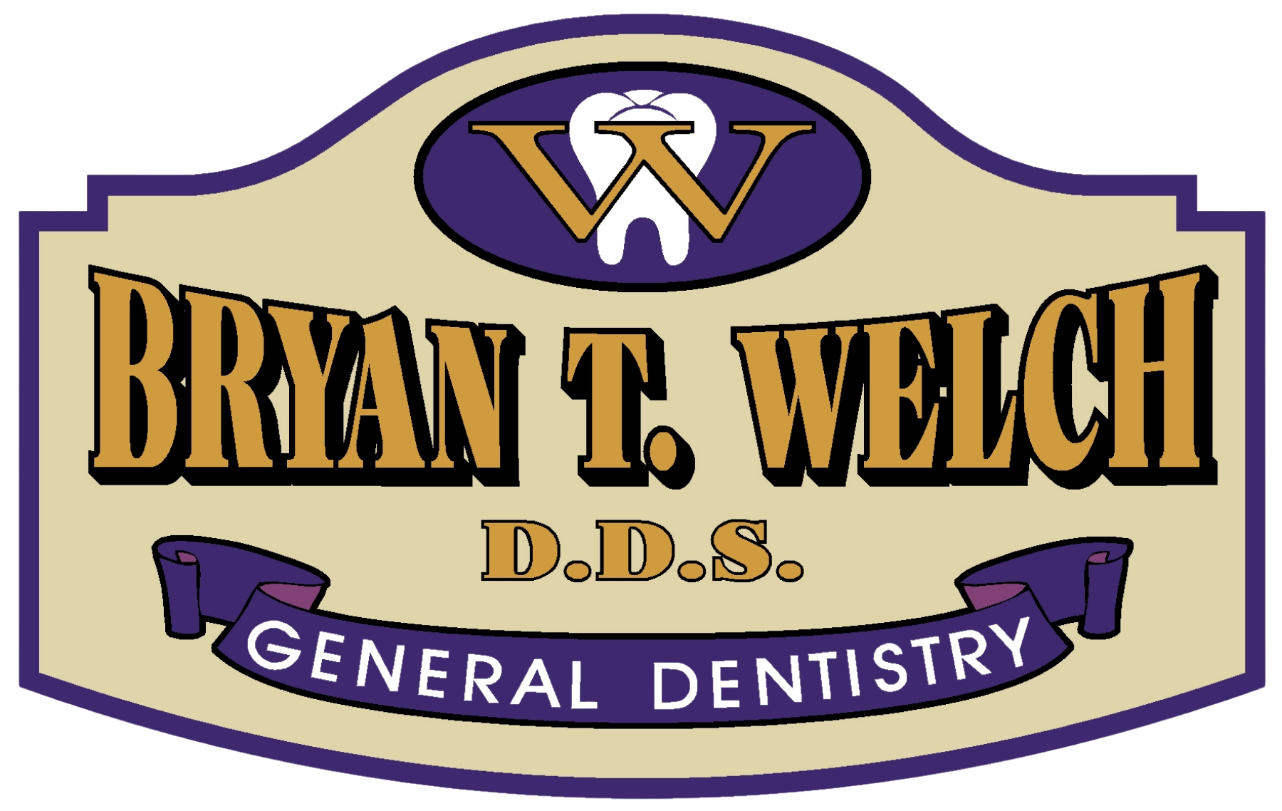 Bryan T. Welch, D.D.S., general dentistry logo with purple and gold shield and smiling portrait