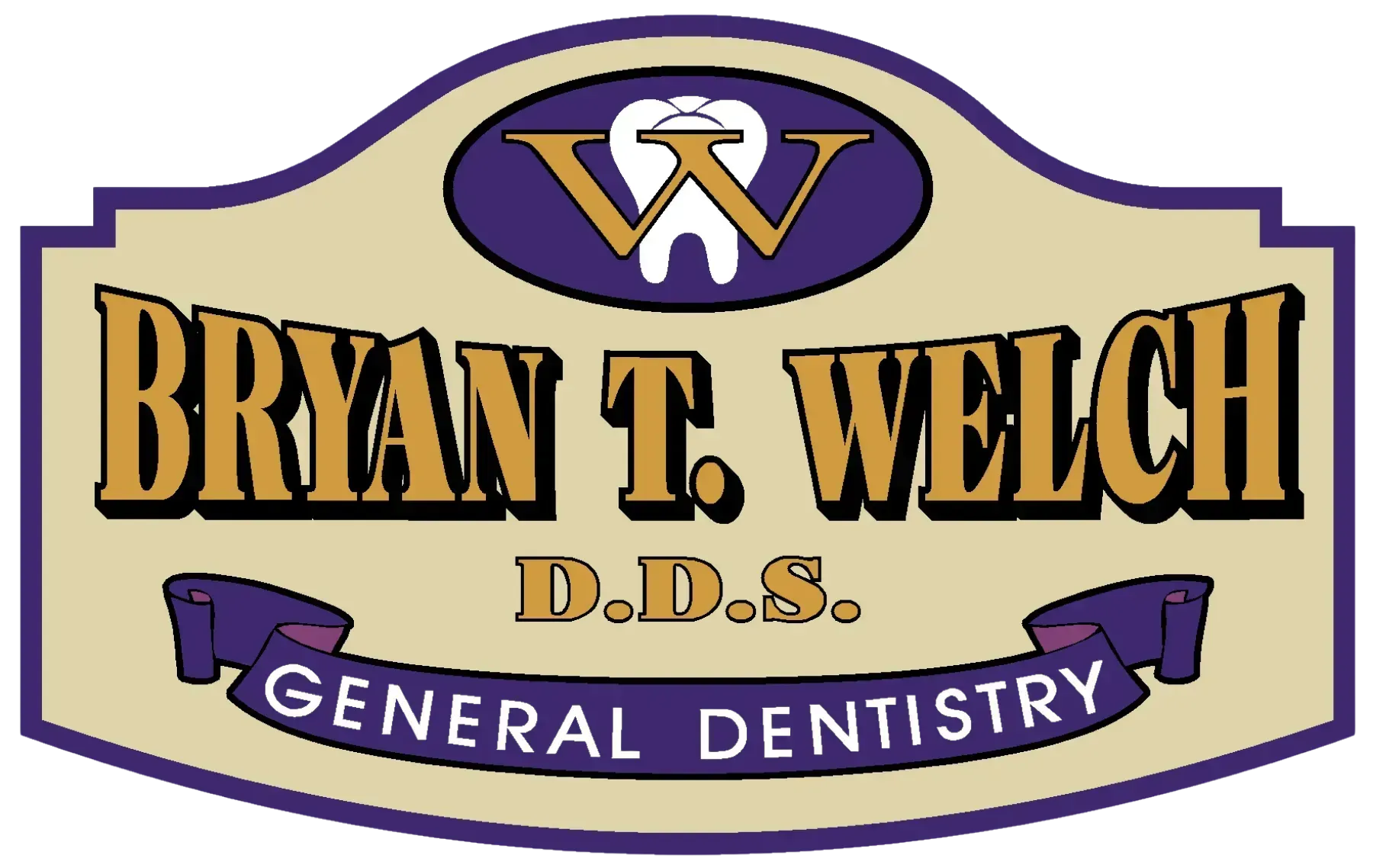 Portrait logo for Bryan T. Welch, D.D.S. General Dentistry, with a smiling man and purple-gold shield emblem