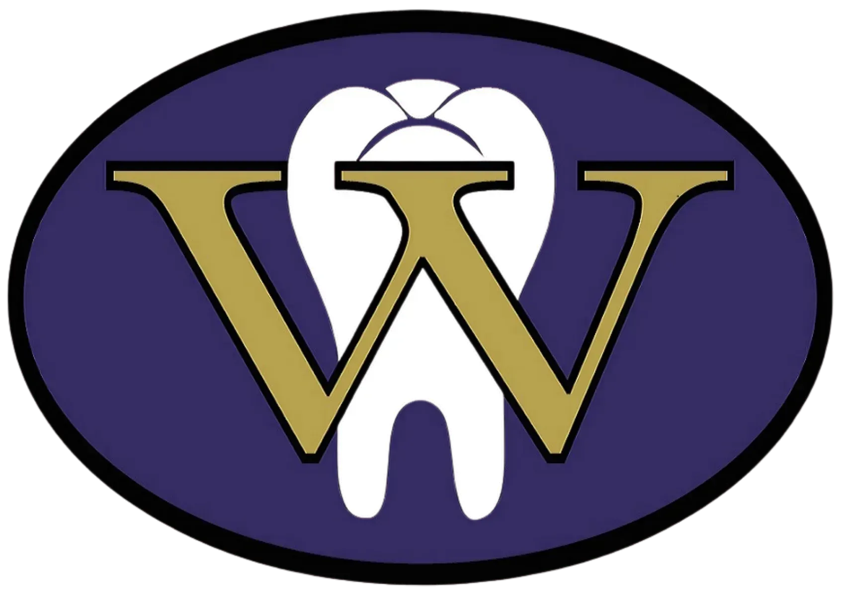 Gold W over a white tooth on a purple oval logo
