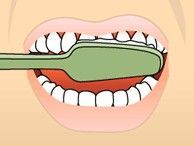 Mouth biting a green rectangular object, with teeth visible on a pink background