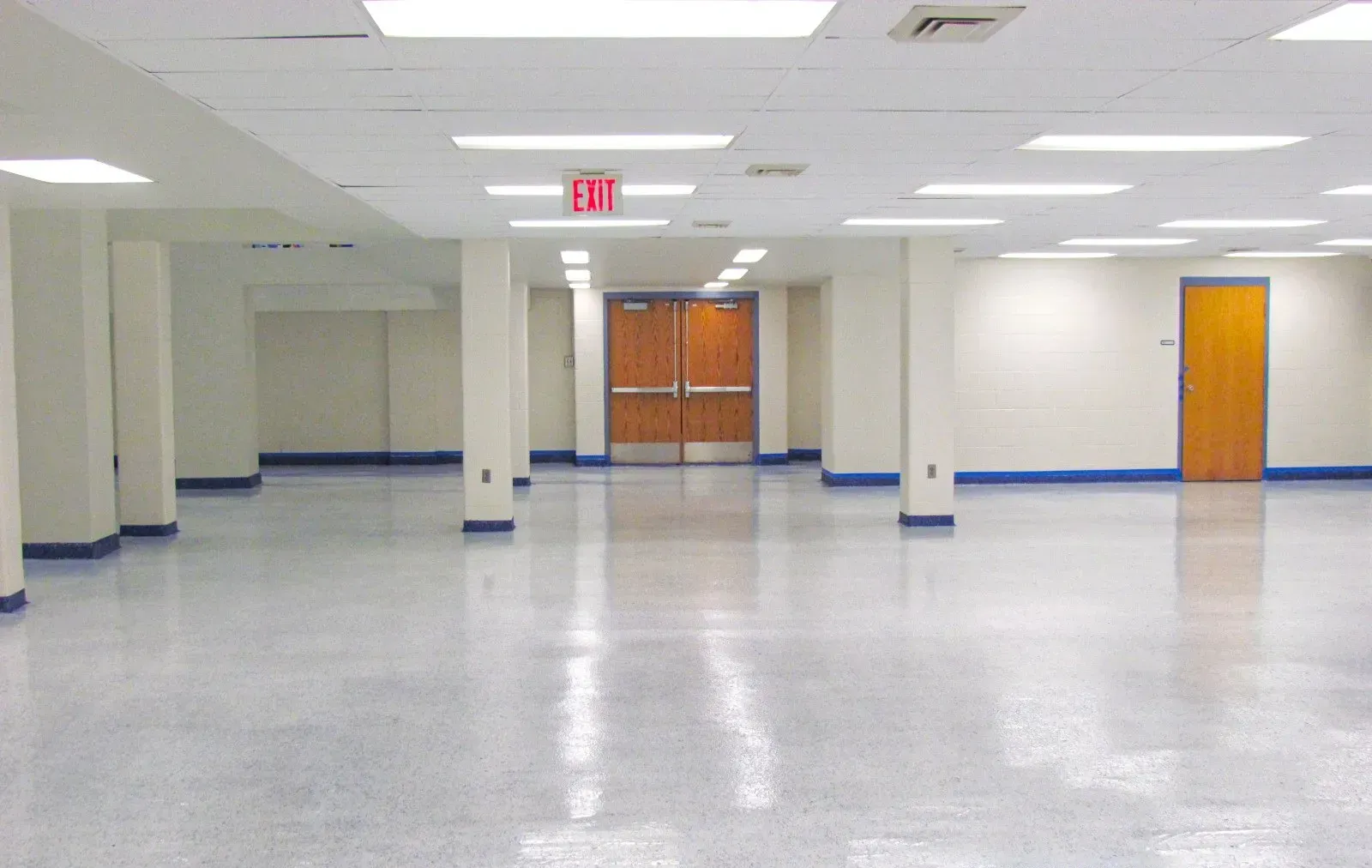 Empty room with white walls, gray floor, and two tan doors.