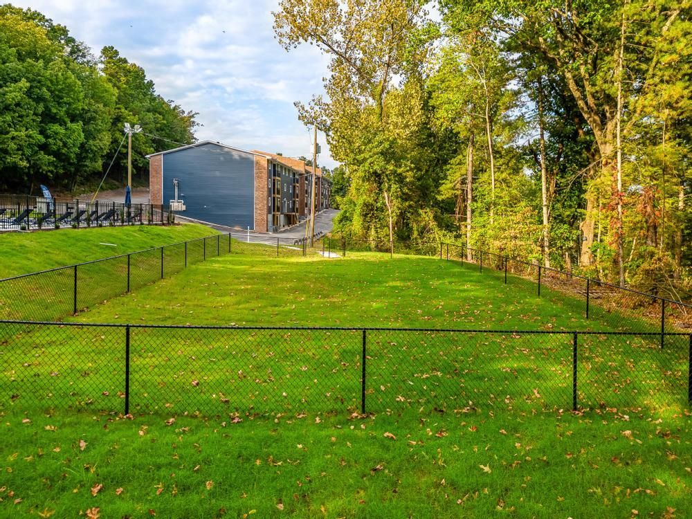 A large lawn with a fence around it and a building in the background.