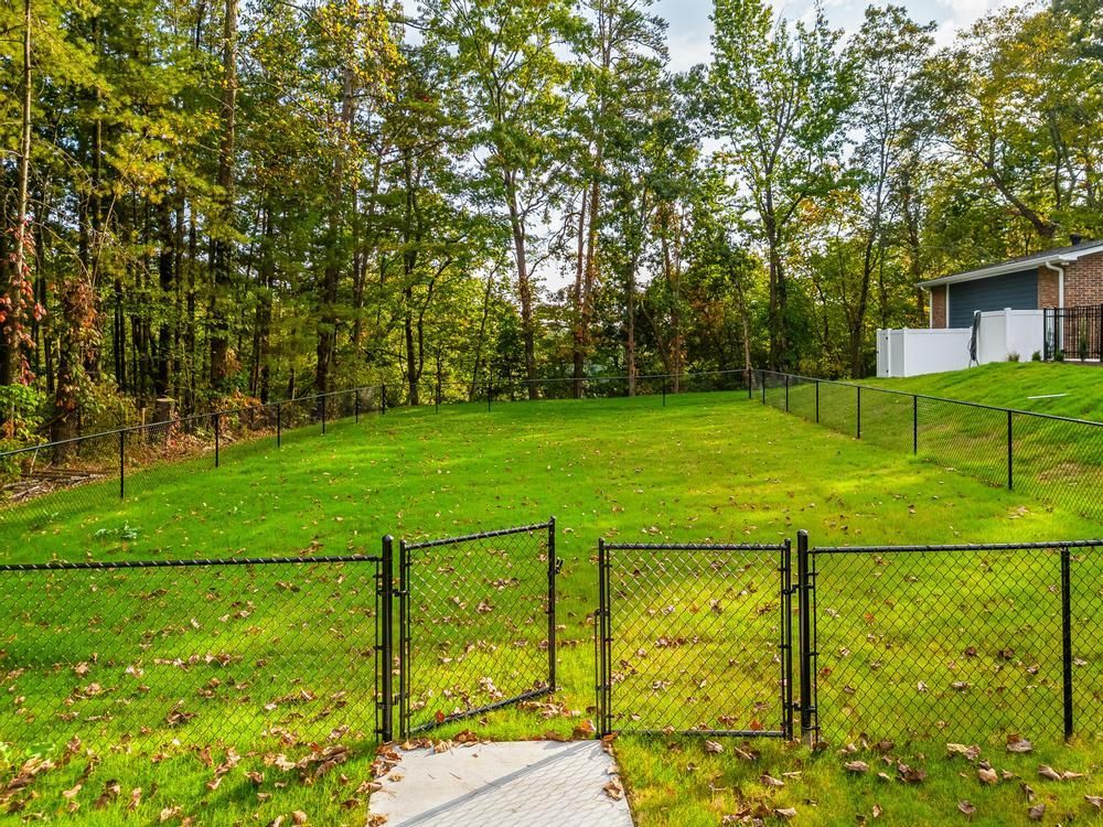 A chain link fence surrounds a lush green field with trees in the background.