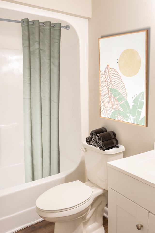 A bathroom with a toilet, sink, bathtub, and shower curtain.