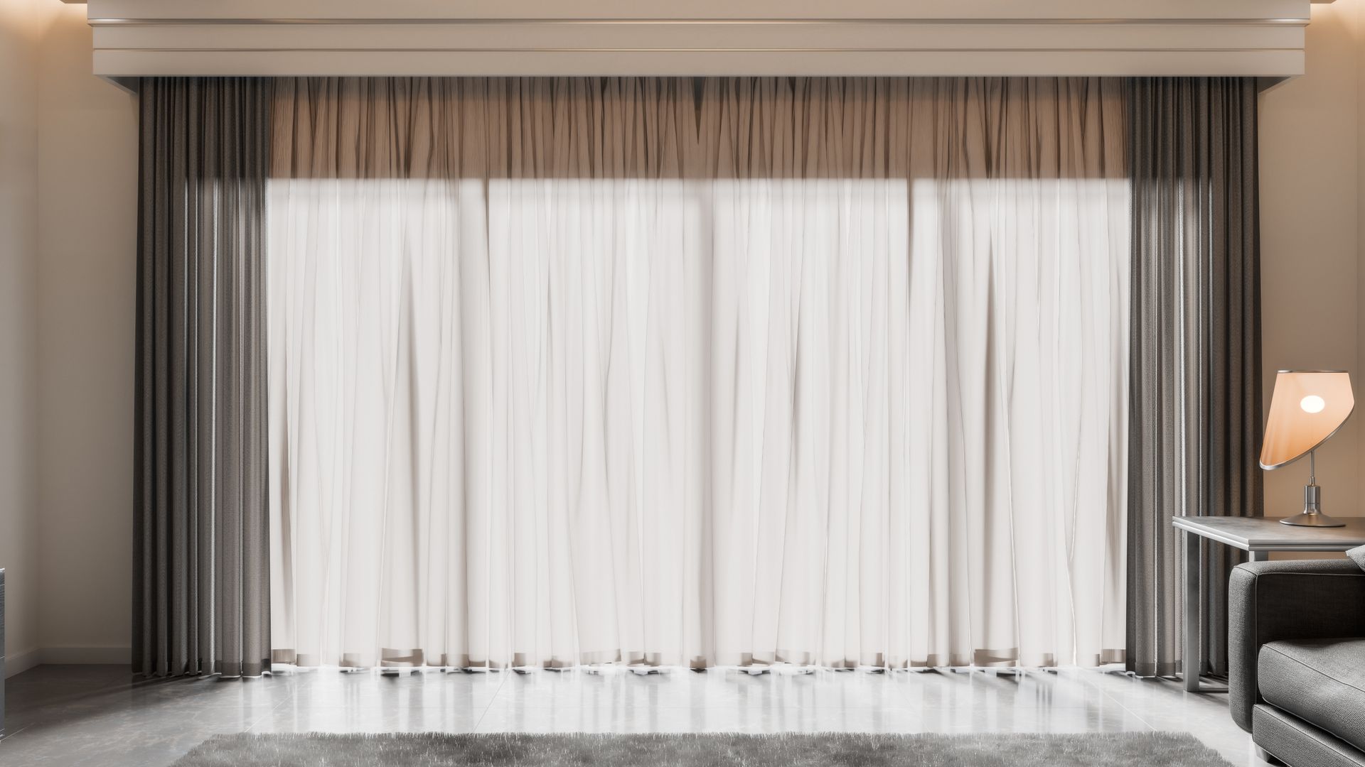 Elegant living room with floor-to-ceiling white curtains and dark drapes, plus a sofa and side table lamp on the right