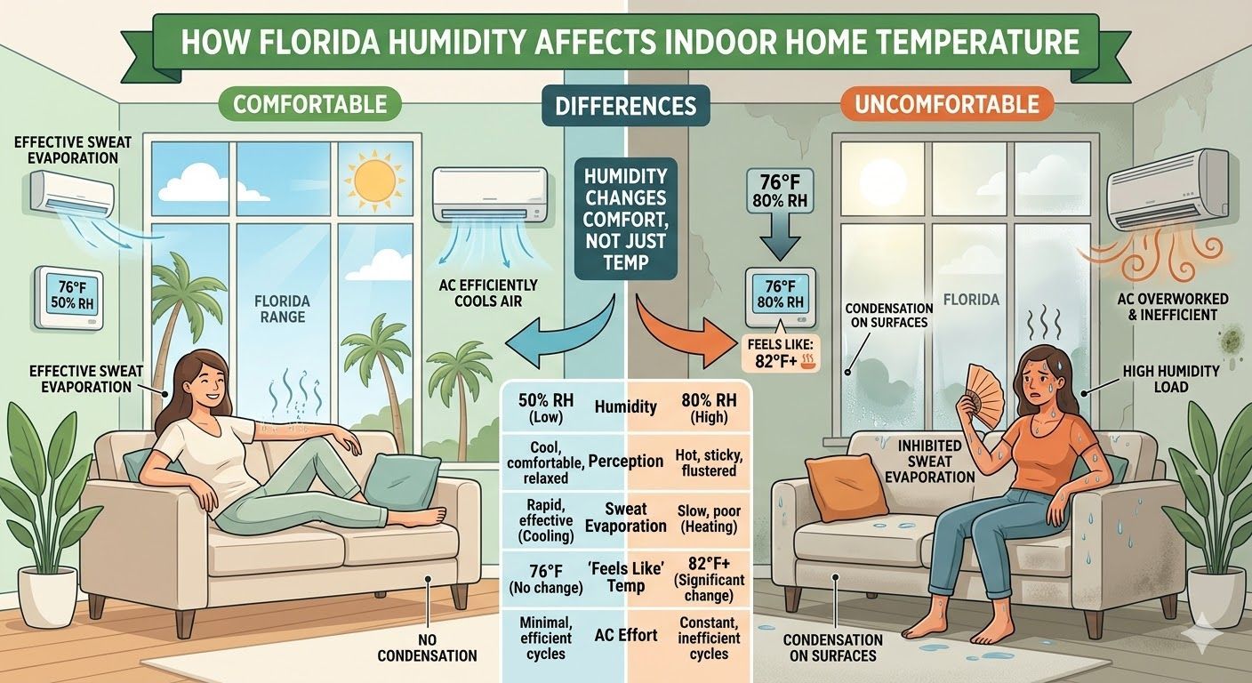 An infographic diagram illustrating how Florida humidity affects indoor comfort, comparing two side-by-side home environments at the same temperature (76°F) but different humidity levels. The left