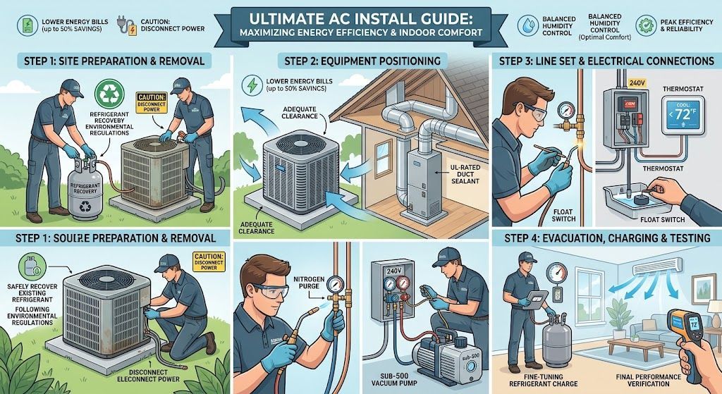 Professional HVAC technician performing a central AC installation to maximize energy efficiency.