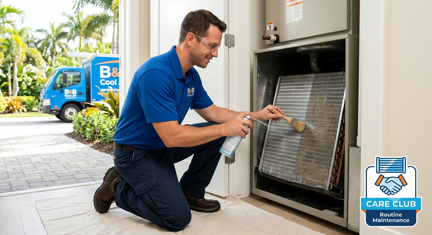 B&B Cool Air technician performing routine AC maintenance and coil cleaning on a Florida HVAC unit.