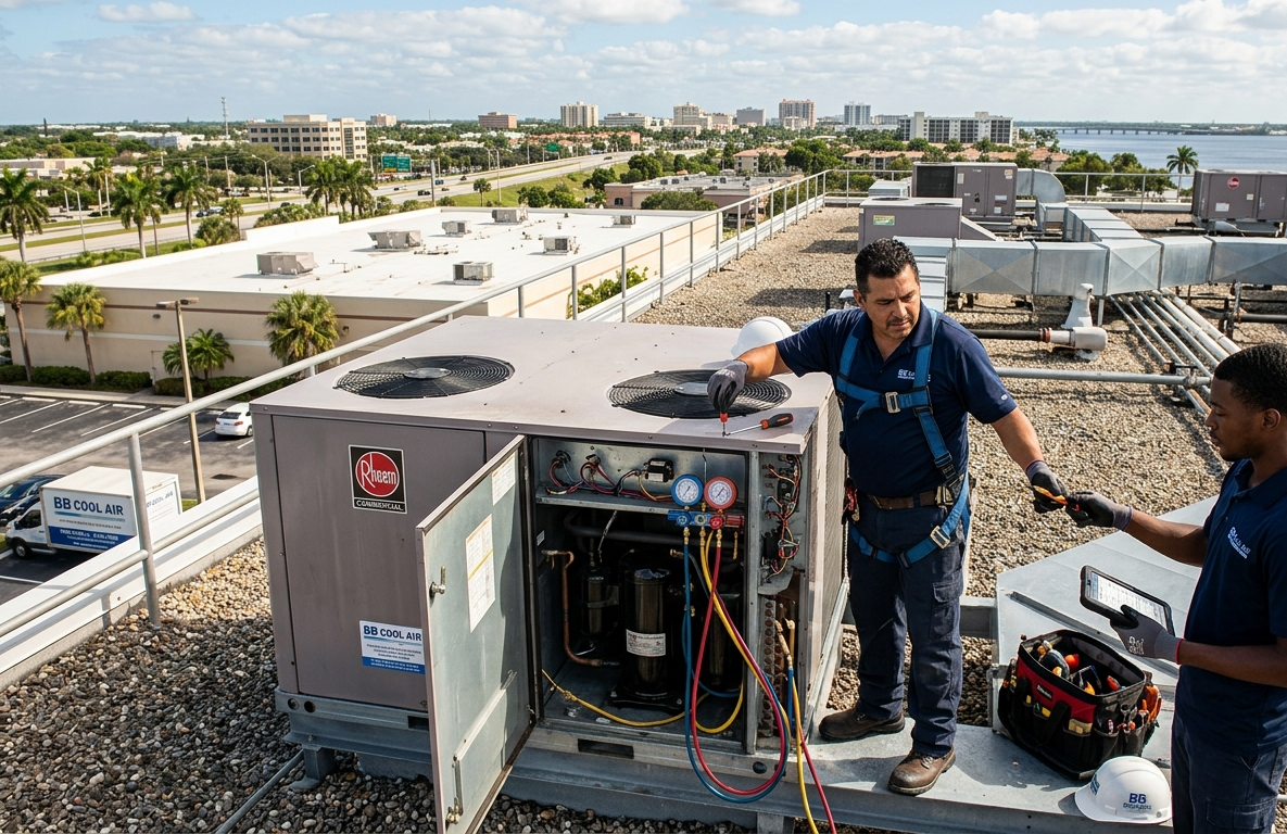 Two B and B Cool Air technicians servicing a commercial rooftop HVAC unit in Southwest Florida.
