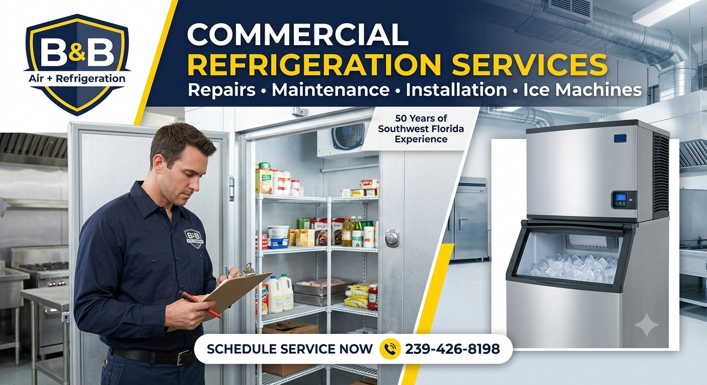 B&B Cool Air technician servicing a commercial walk-in cooler and ice machine in Florida.