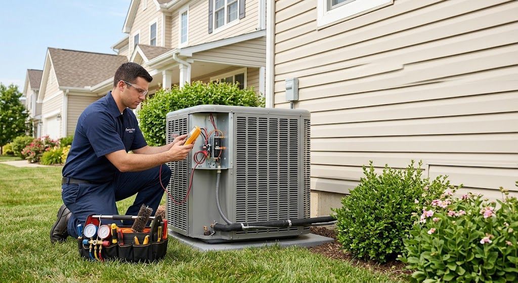 HVAC maintenance technician inspecting electrical components on an outdoor air conditioning unit