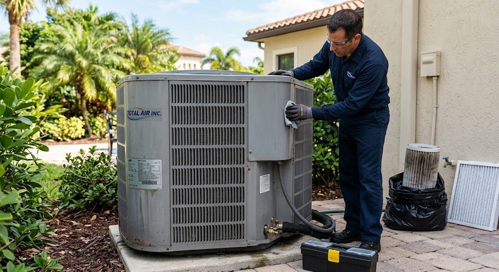 HVAC repair technician testing electrical connections on an outdoor air conditioner condenser unit