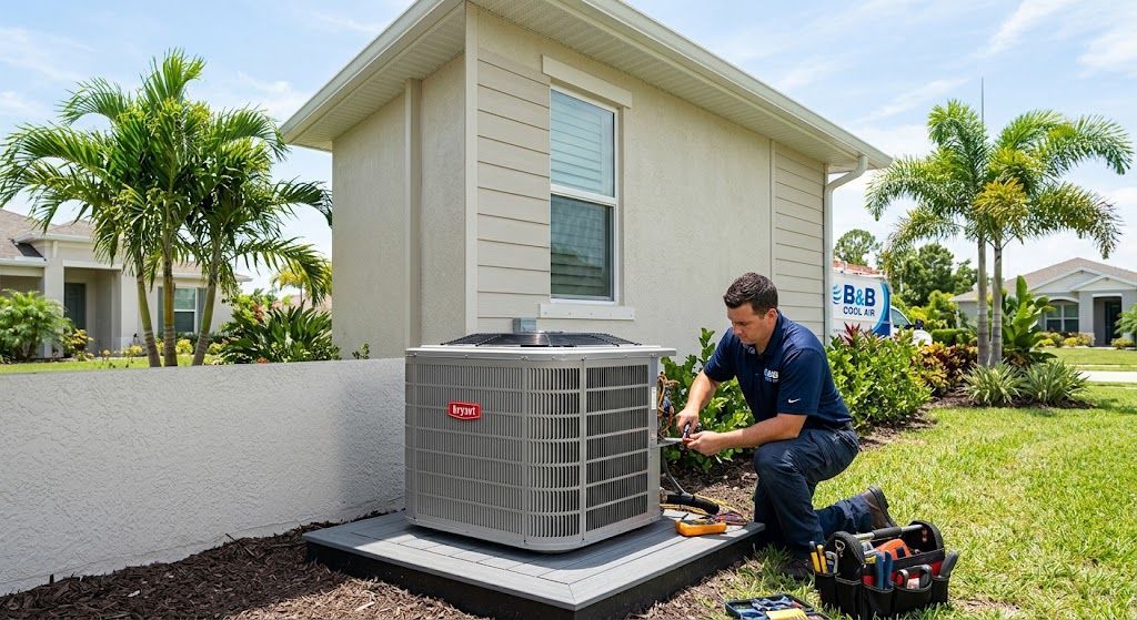 Certified technician performing a Lehigh Acres AC install on an outdoor unit