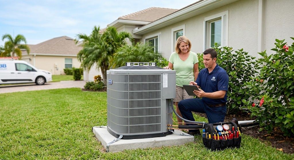 Professional technician performing a Lehigh Acres HVAC install outside a Florida home