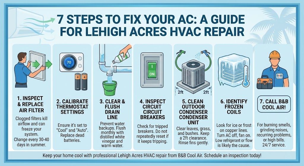 Infographic detailing 7 steps for Lehigh Acres HVAC repair and maintenance by B&B Cool Air
