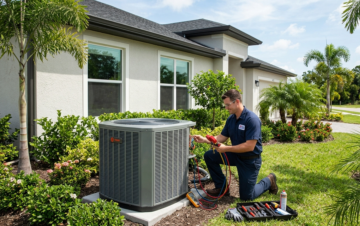 HVAC technician servicing an outdoor air conditioning unit for Lehigh Acres HVAC services