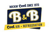 B&B Cool Air + Refrigeration logo: navy blue and yellow; white