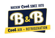B&B Cool Air + Refrigeration logo: navy blue and yellow; white
