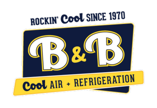 Logo for B&B Air + Refrigeration, featuring white "B&B" in a blue rectangle with gold border, "Rockin' Cool Since 1970" above, and "Cool Air + Refrigeration" below.