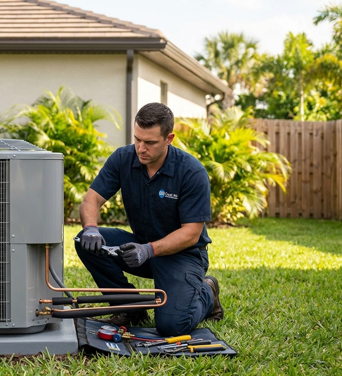 Technician inspecting an outdoor HVAC unit on a lawn with tools nearby