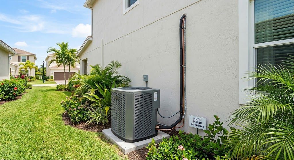 Modern home HVAC install setup featuring outdoor central air conditioning unit