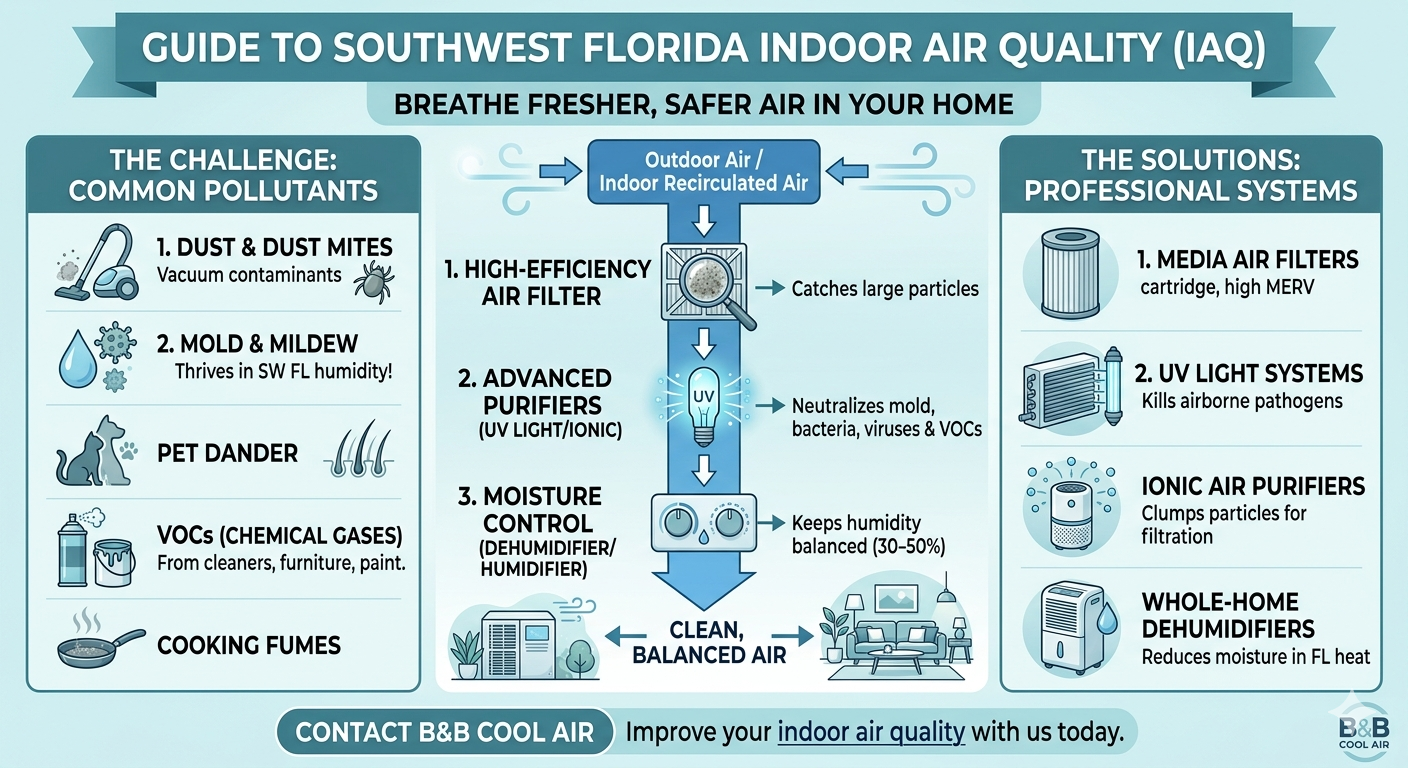 Infographic detailing indoor air quality pollutants and HVAC solutions by B&B Cool Air.