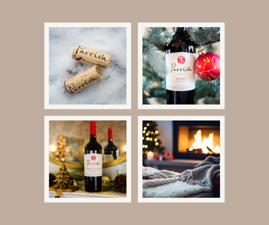 Holiday wine collage with corks, bottles of Parrish wines, Christmas ornaments, and a cozy fireplace scene.