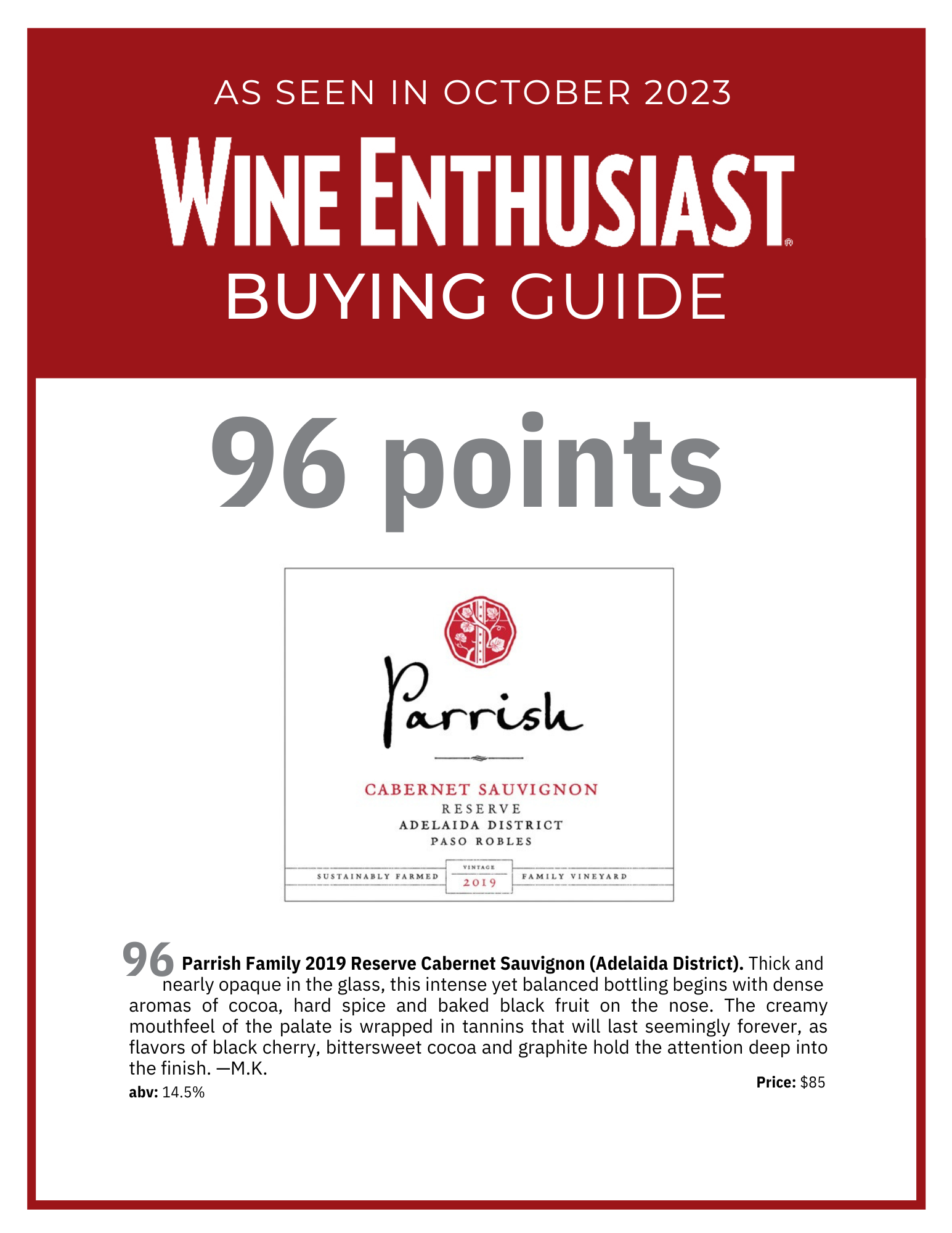Wine Enthusiast review of Parrish Estate Cabernet Sauvignon: 96 points, red and white label.