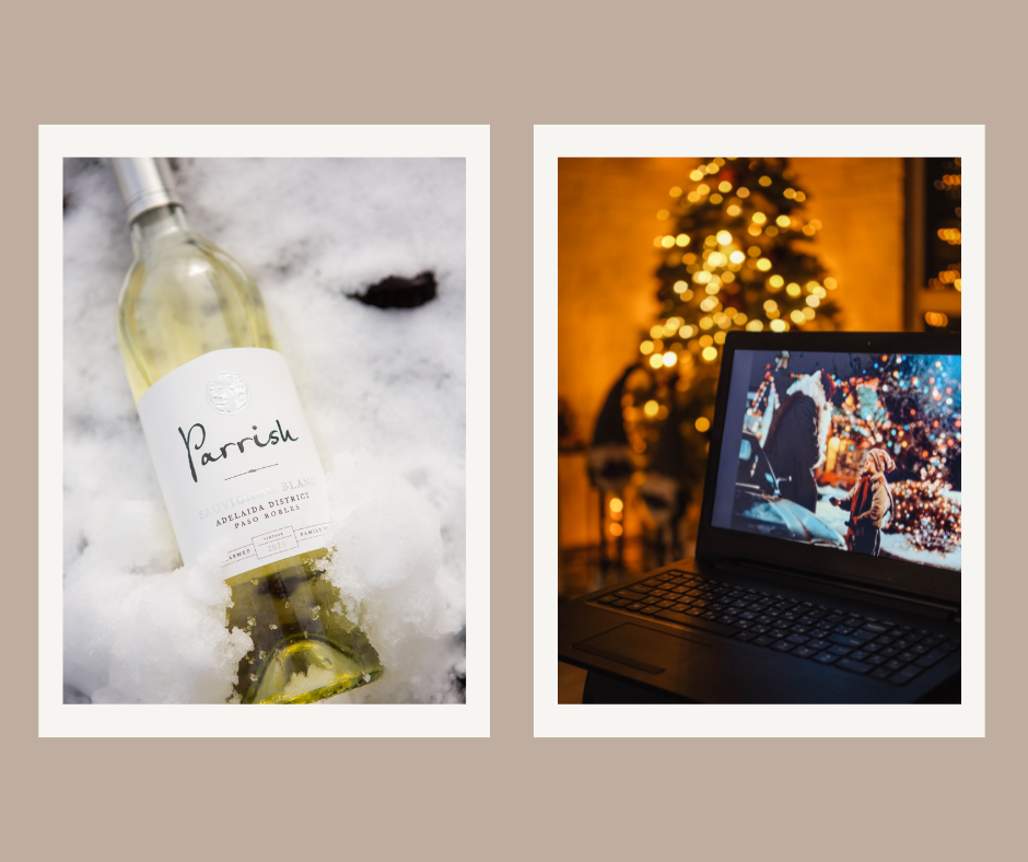 A collage of two photos: the first, a bottle of Sauvignon Blanc lying in the snow, and the second, a laptop playing a holiday movie with a softly-lit Christmas tree in the background.