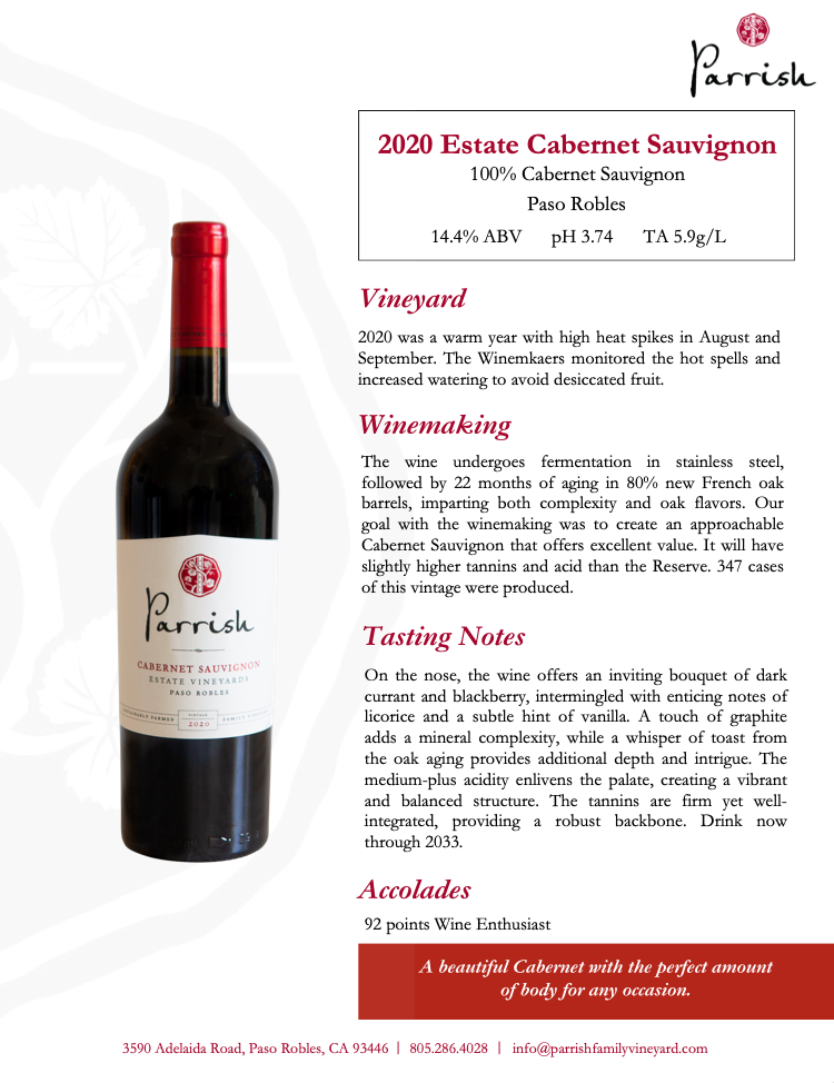 2020 Parrish Estate Cabernet Sauvignon Tech Sheet