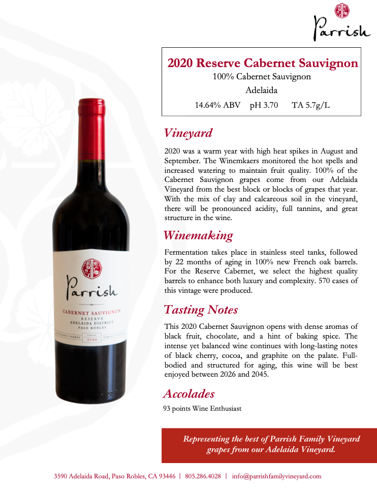2020 Parrish Reserve Cabernet Sauvignon Tech Sheet