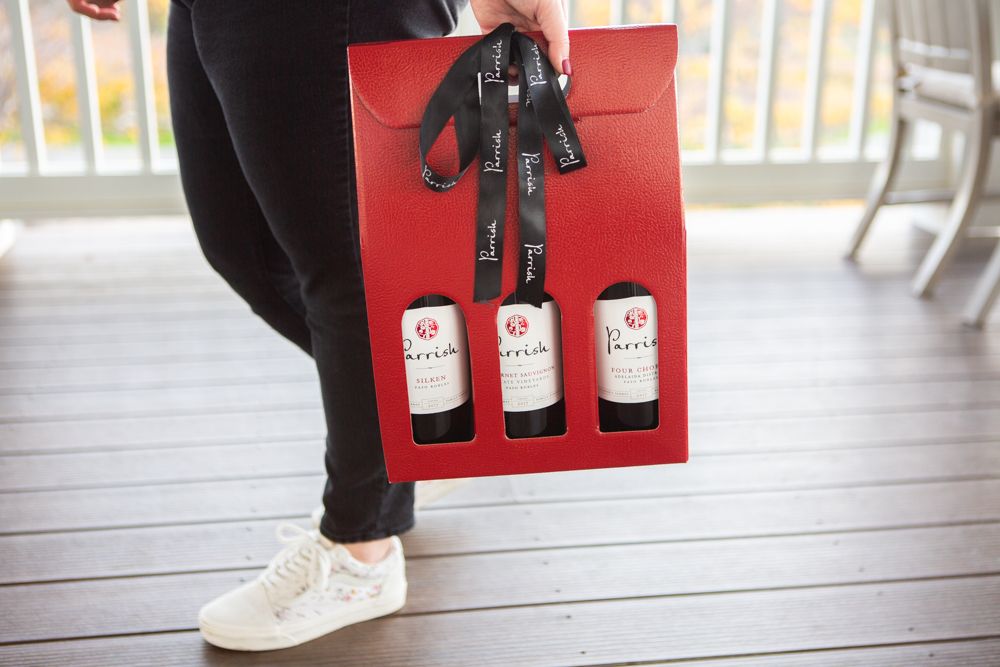A person is holding a red bag with three bottles of wine in it