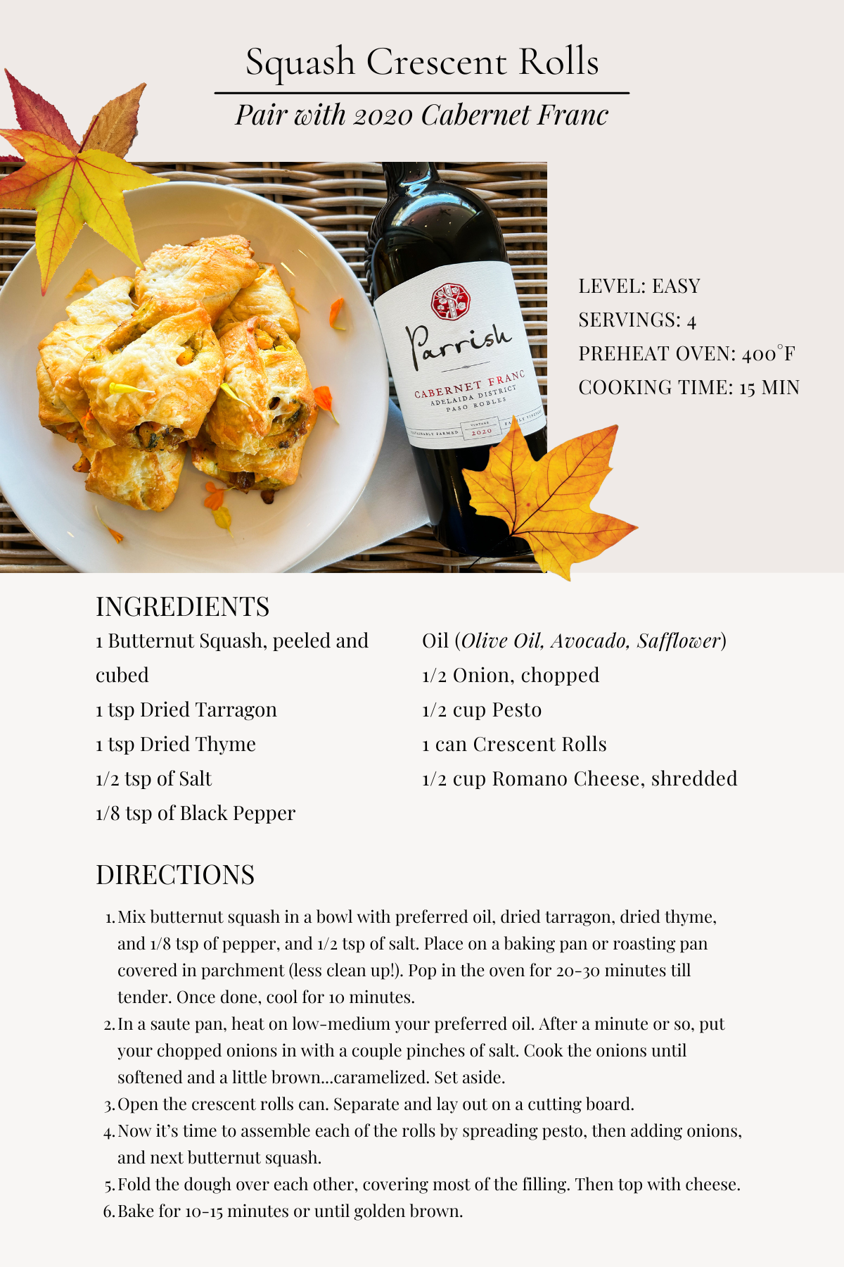 A recipe for squash crescent rolls with a bottle of wine next to a plate of food.
