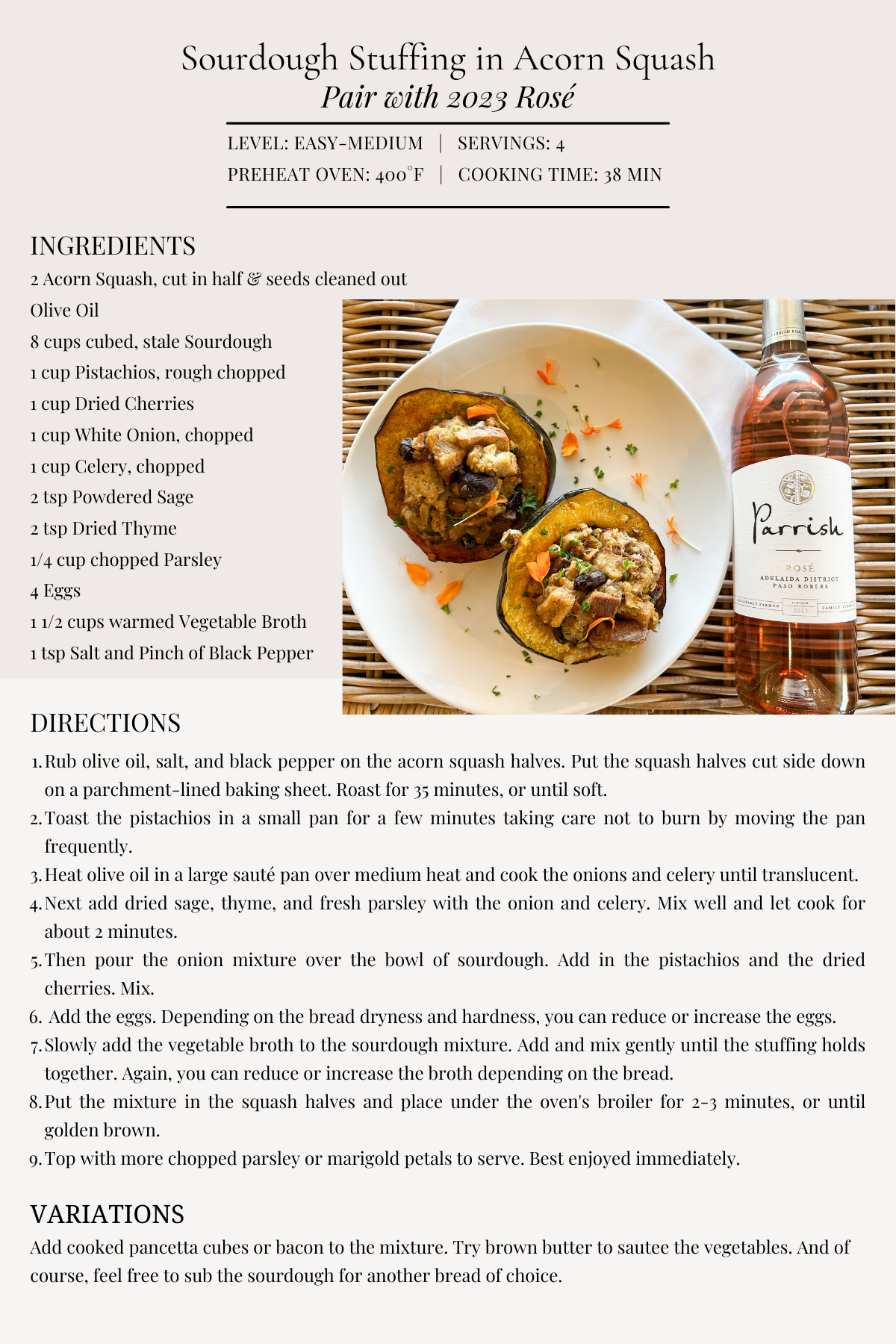 A white plate topped with stuffed acorn squash and a bottle of wine, and a recipe for a Rose food pairing.