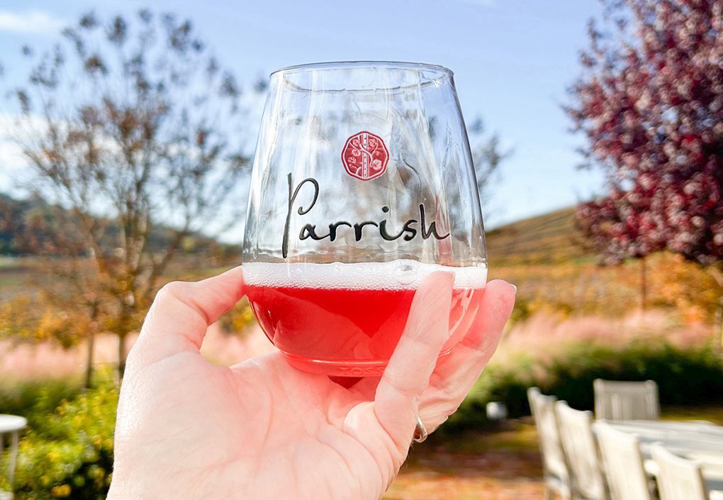Hand holding a Parrish wine glass filled with 2025 Grenache Pét-Nat, vineyard hills in autumn colors