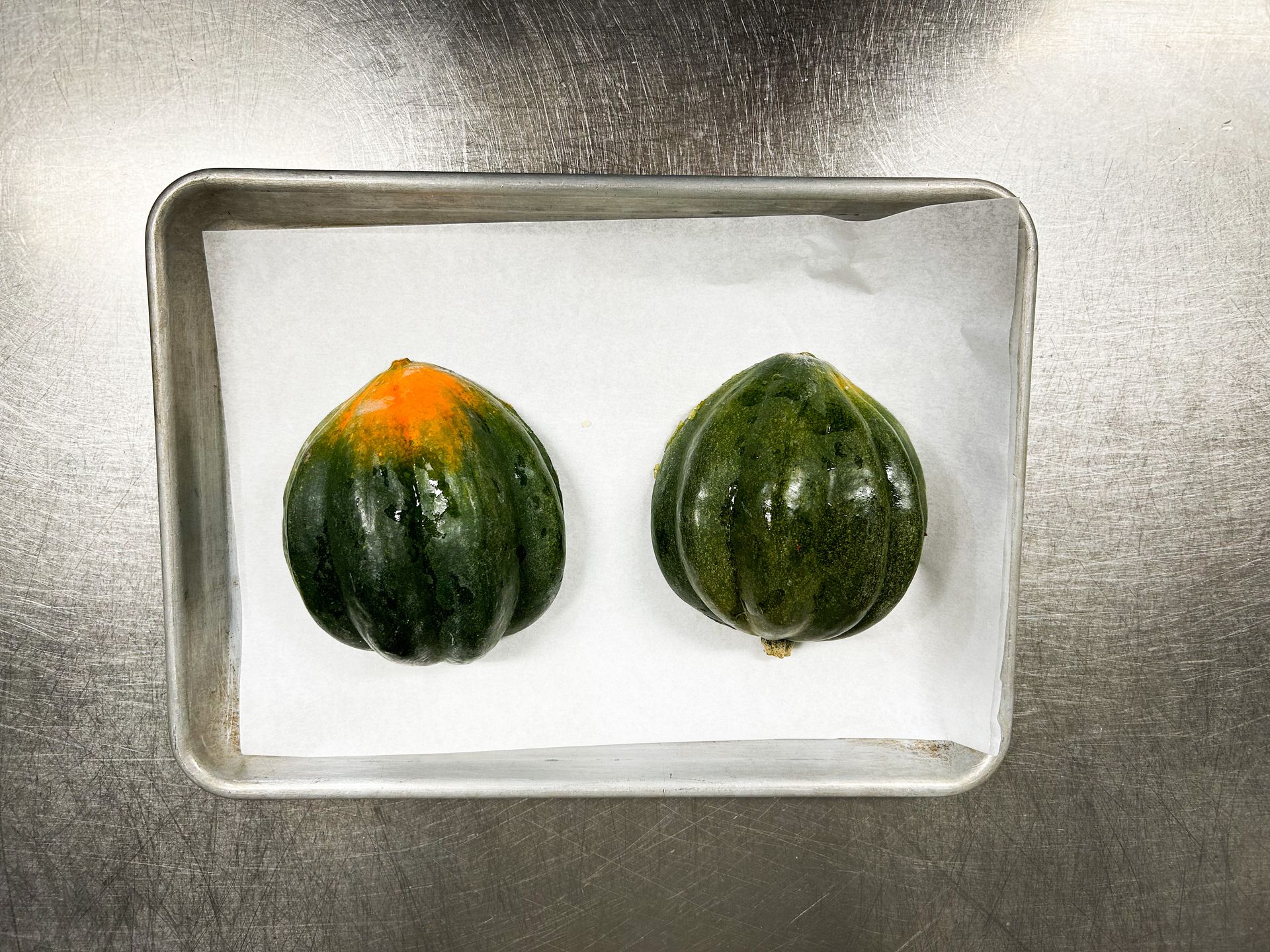 Two green pumpkins are sitting on a metal tray on a metal surface.
