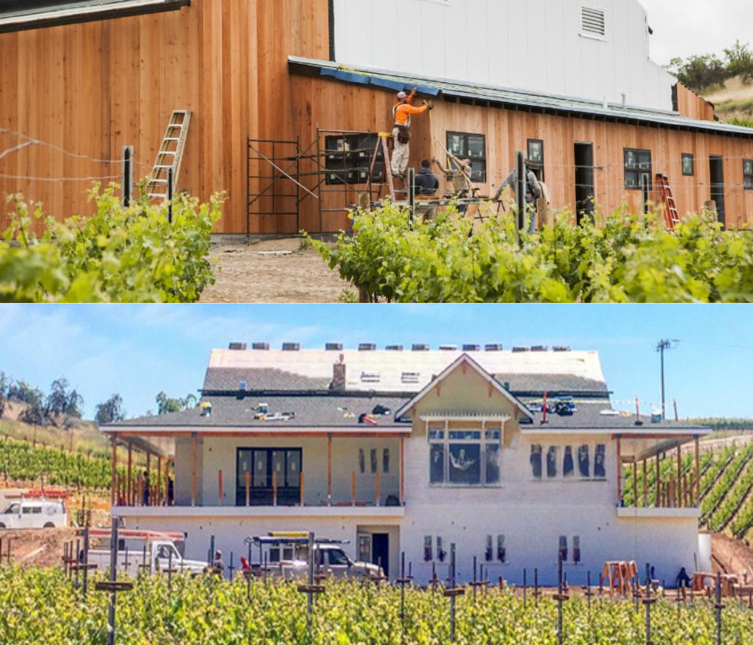 Construction of a building in a vineyard: before and after. Workers on scaffolding. Barn-style wood siding.