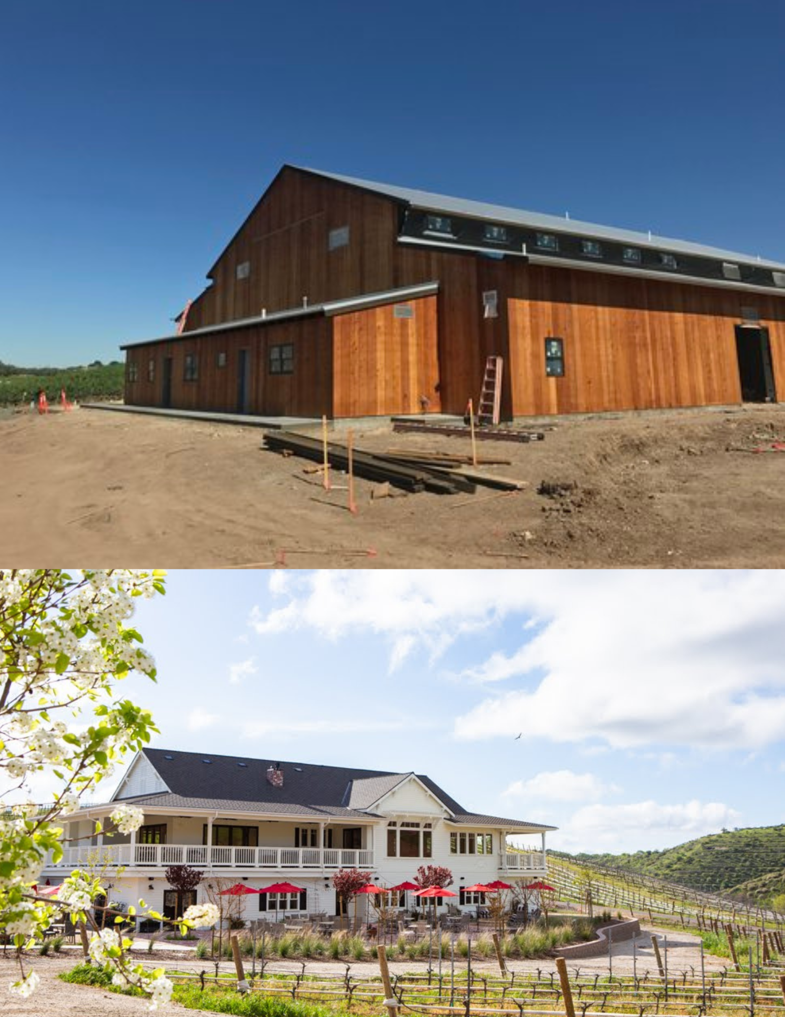 Top: Large wooden barn-like building on dirt. Bottom: White building with red accents, outdoor seating, and vineyards.
