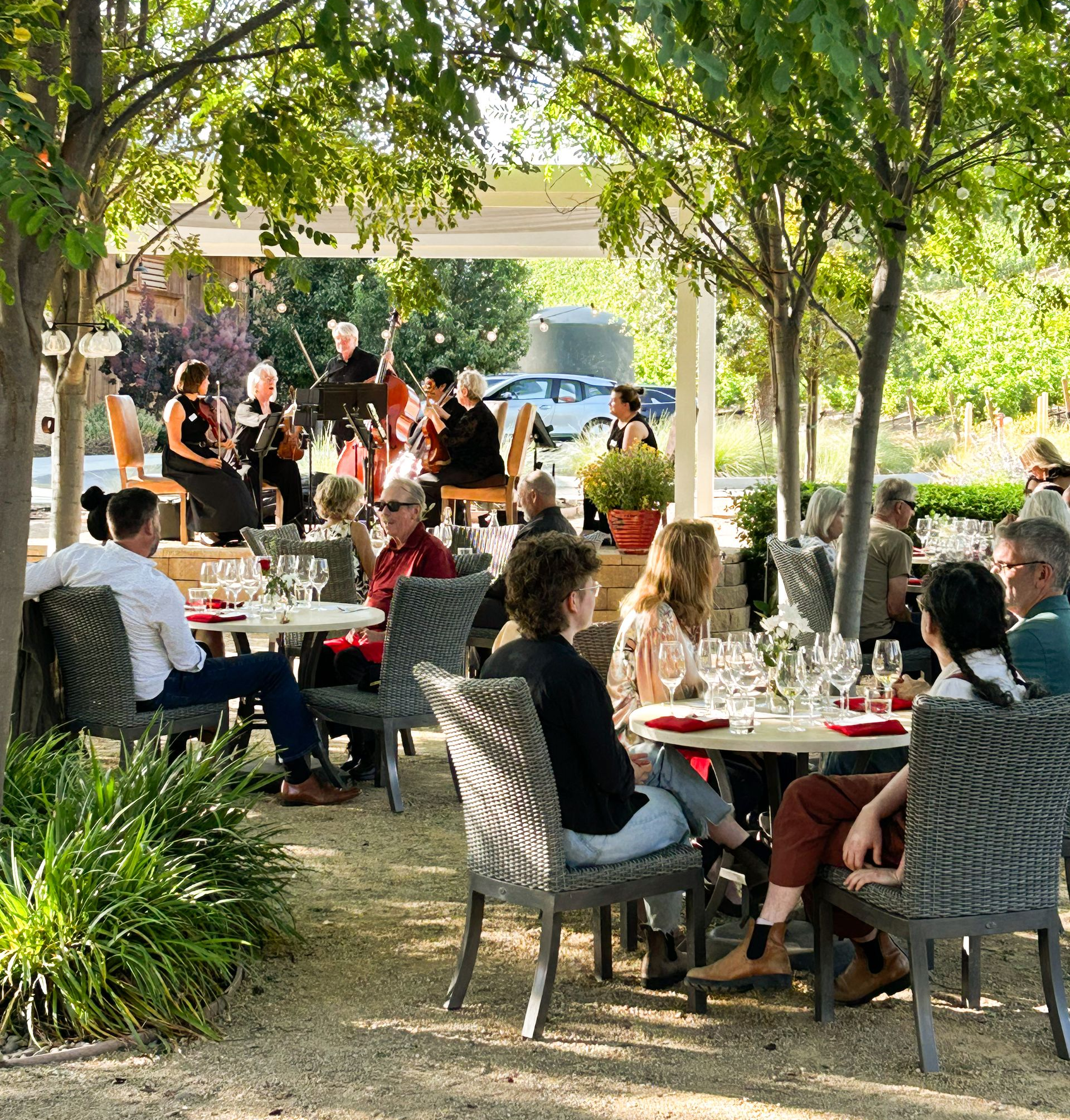 A live band performs on the Parrish Family Vineyard garden stage during an event as guests enjoy wine and food at tables under the shade of the trees. 