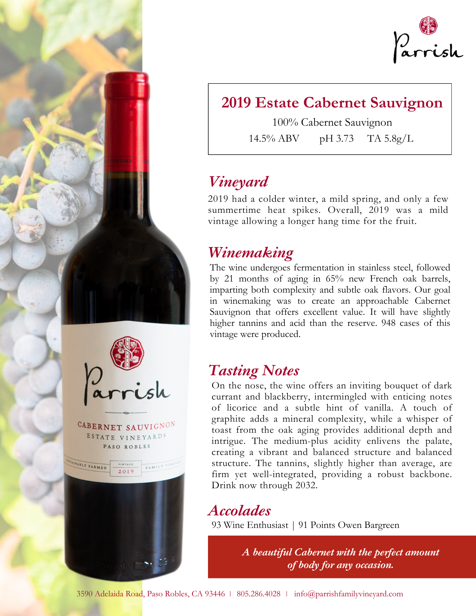 Wine bottle label: Parrish 2019 Estate Cabernet Sauvignon. Red wine bottle with description text.
