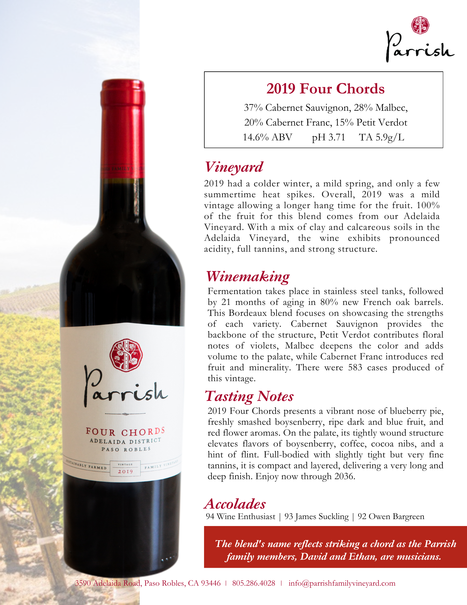 Wine bottle: Parrish 2018 Four Chords, with tasting notes and vineyard background.