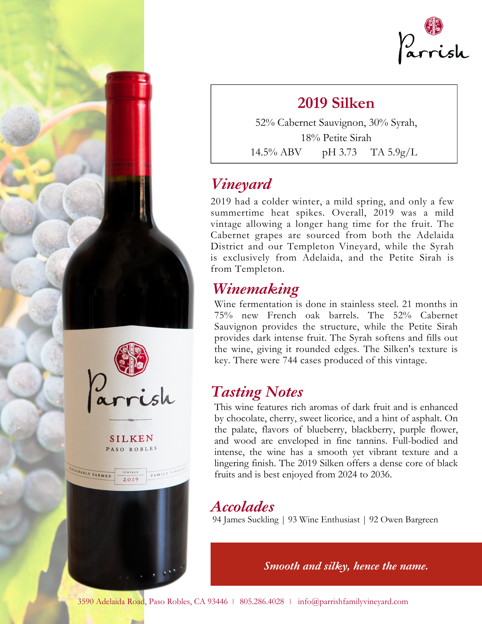 Wine bottle with label and text about Parrish 2019 Silken wine.