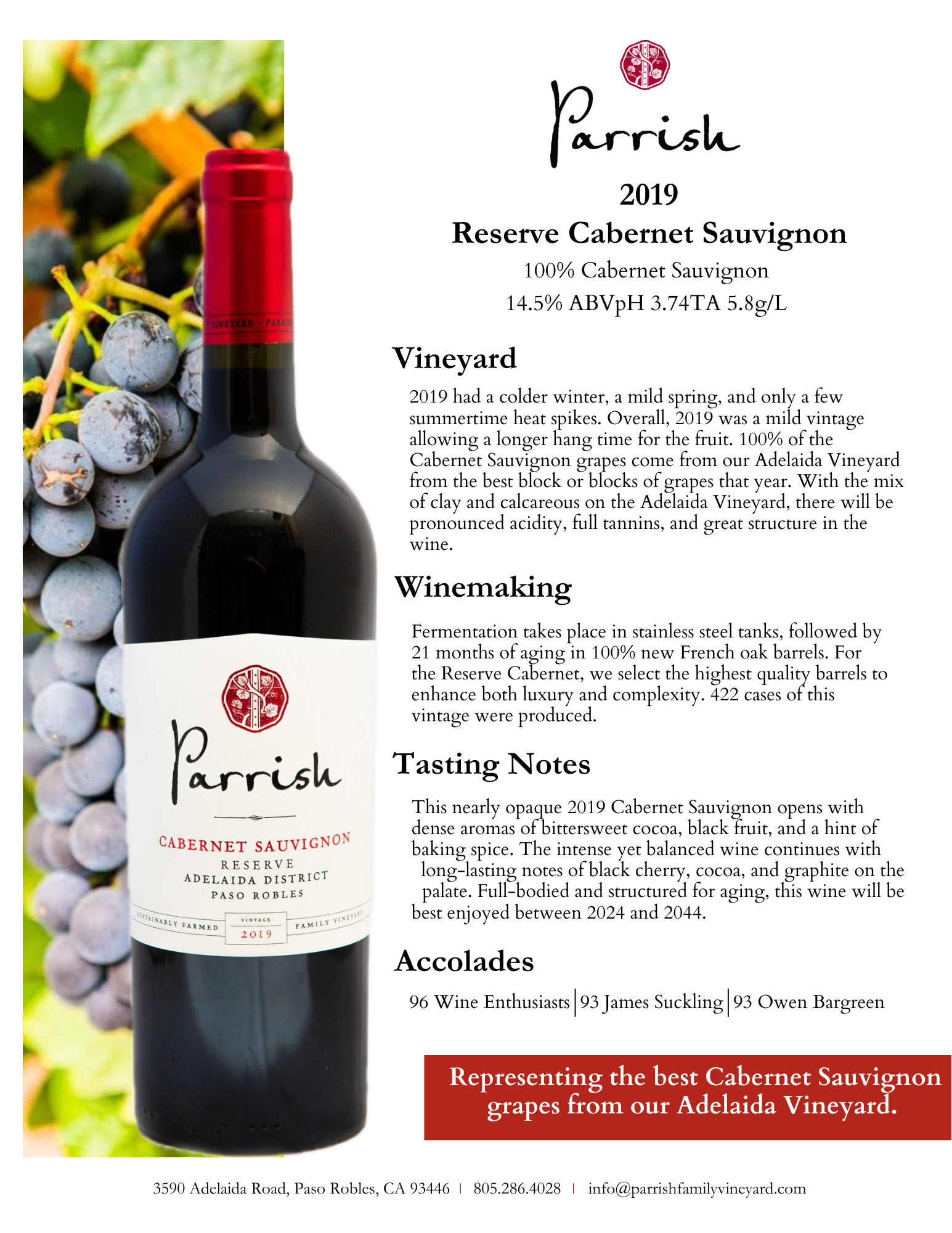 Wine bottle of Parrish Reserve Cabernet Sauvignon 2019, with text.