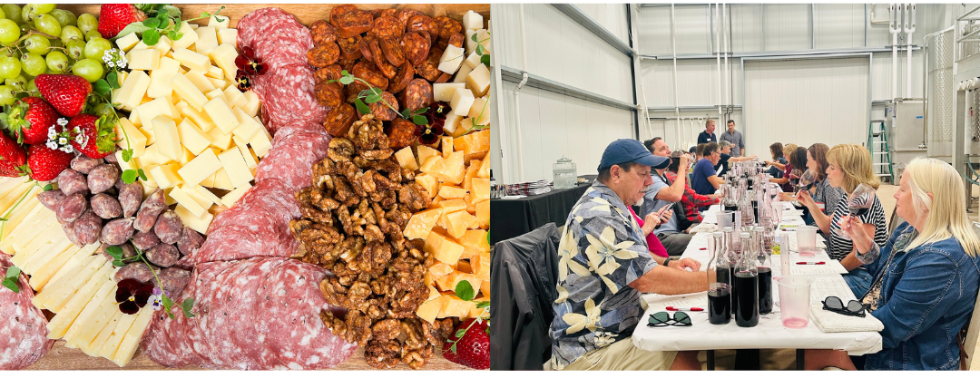 Two pictures in one, with a charcuterie board on the left, and a group of guests blending wine at a special event on the right.