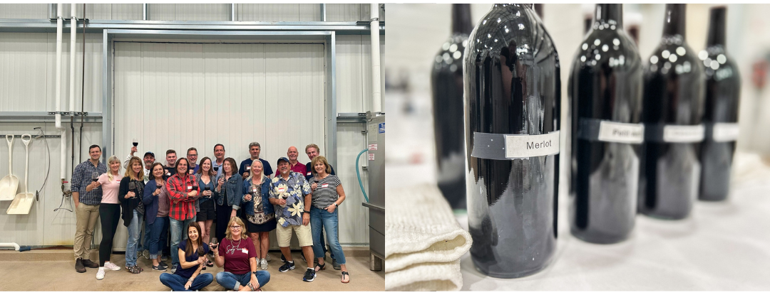 On the left there is a group of people posing for a photo in the winery production barn, on the right a close-up of unlabeled wine bottles.